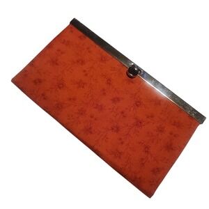 Handmade Womens Clutch Wallet Red Floral Fabric Linen Fold Over Boho Retro